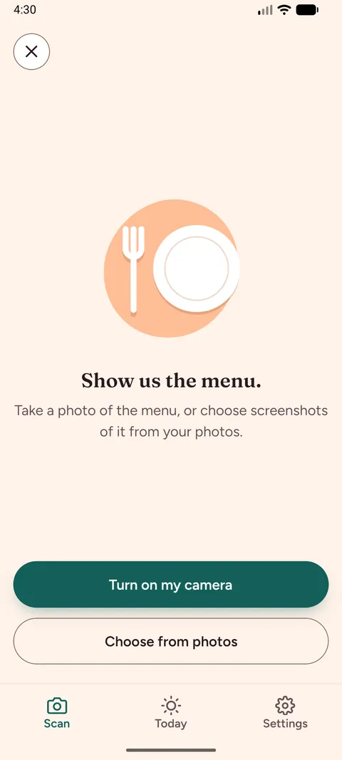 The scan screen asking for a photo of the menu, with the camera and your photos as the two ways to add one.