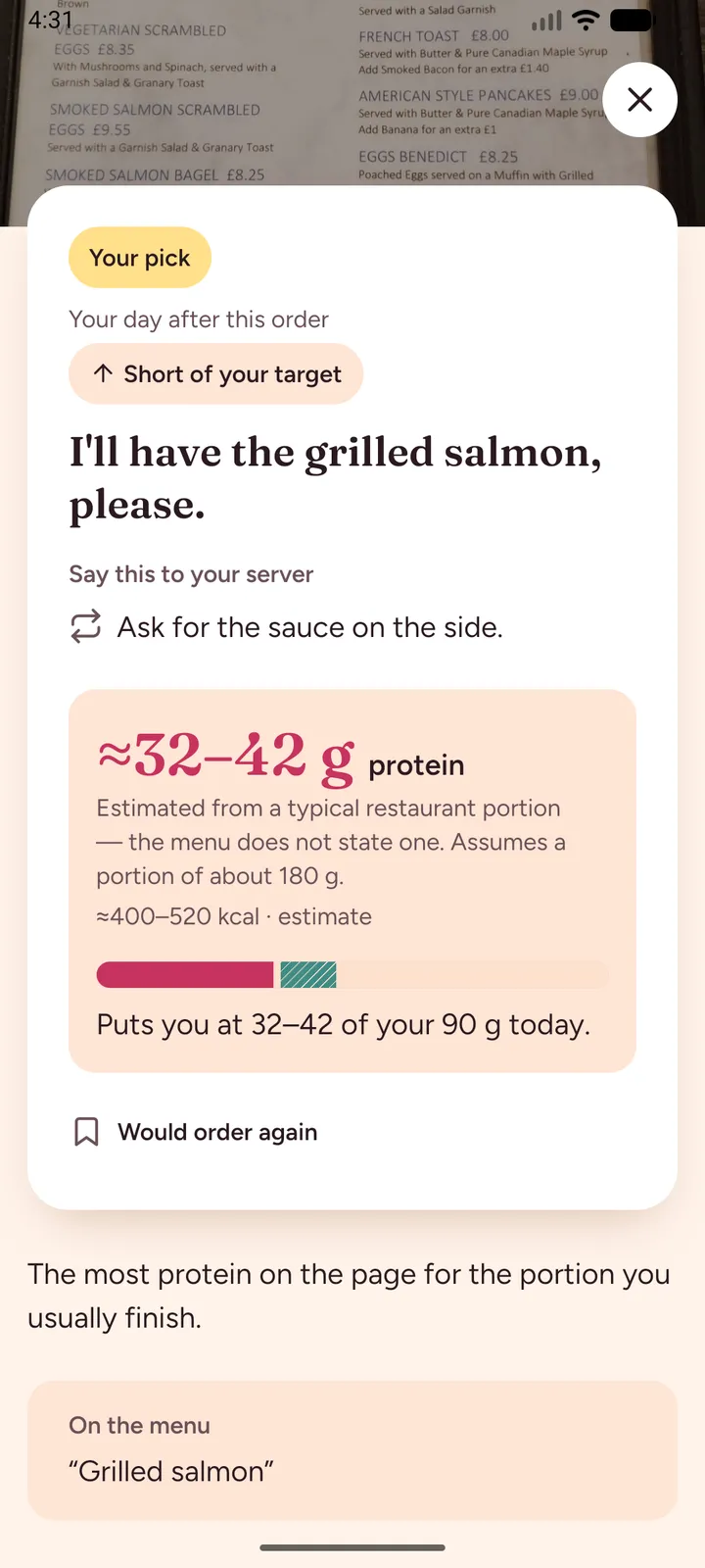The result screen: one dish to order, the words for your server, and its protein range against today's target.