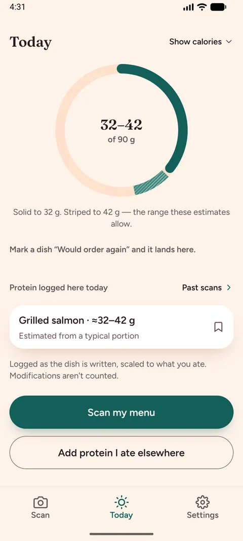 The Today screen: a ring with protein eaten so far against the day's target, and the meals logged.