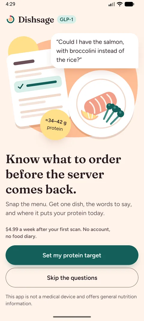 The welcome screen: the Dishsage mark, the promise to know what to order before the server comes back, and the button to set a protein target.
